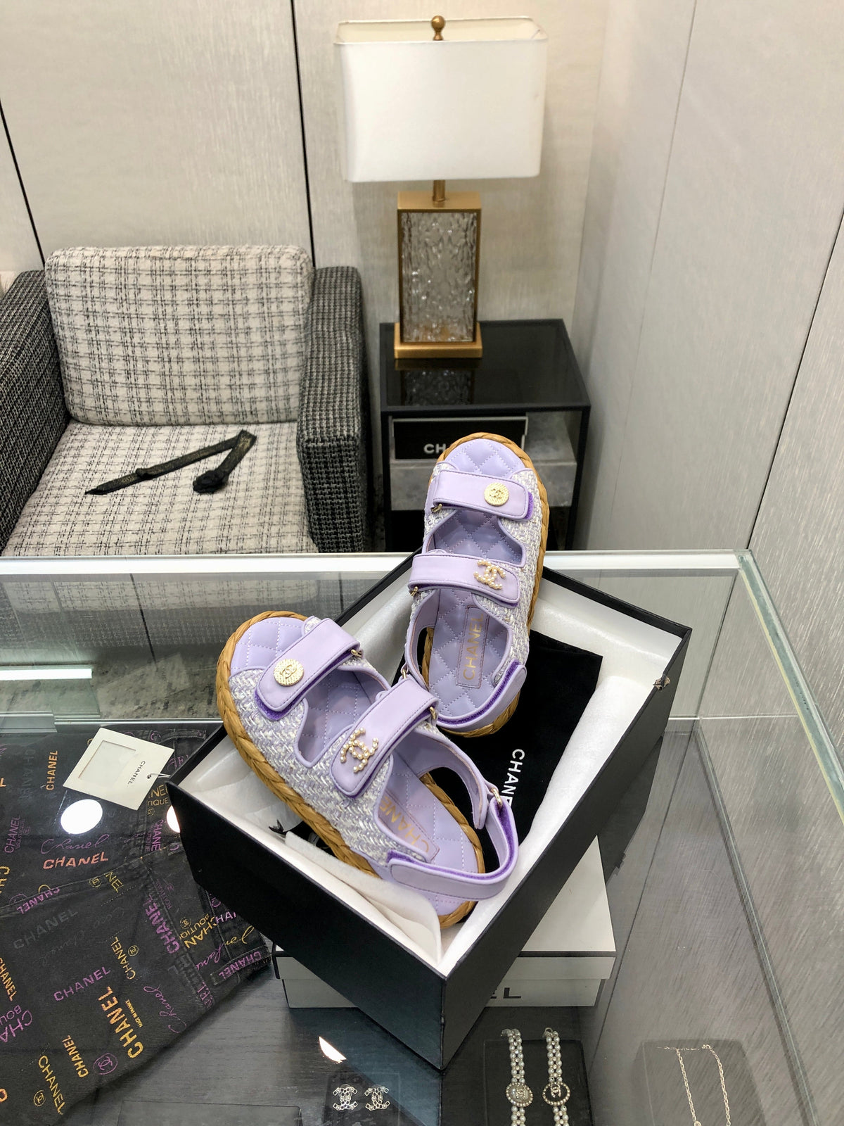 VELCRO SANDALS IN PALE PURPLE LAMBSKIN AND TWEED FABRIC