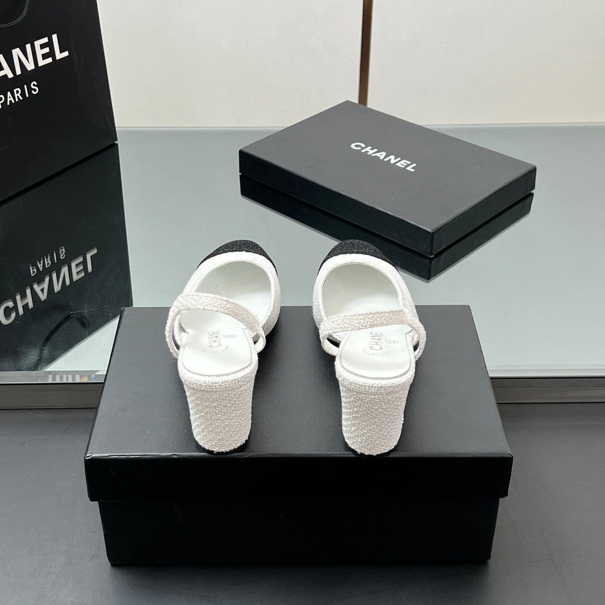 CC SLINGBACK 25S 65 MM IN WHITE AND BLACK TWEED