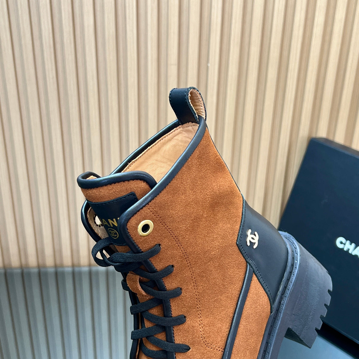 CHANEL 25S LACE-UP ANKLE BOOTS IN DARK CARAMEL SUEDE AND BLACK CALFSKIN