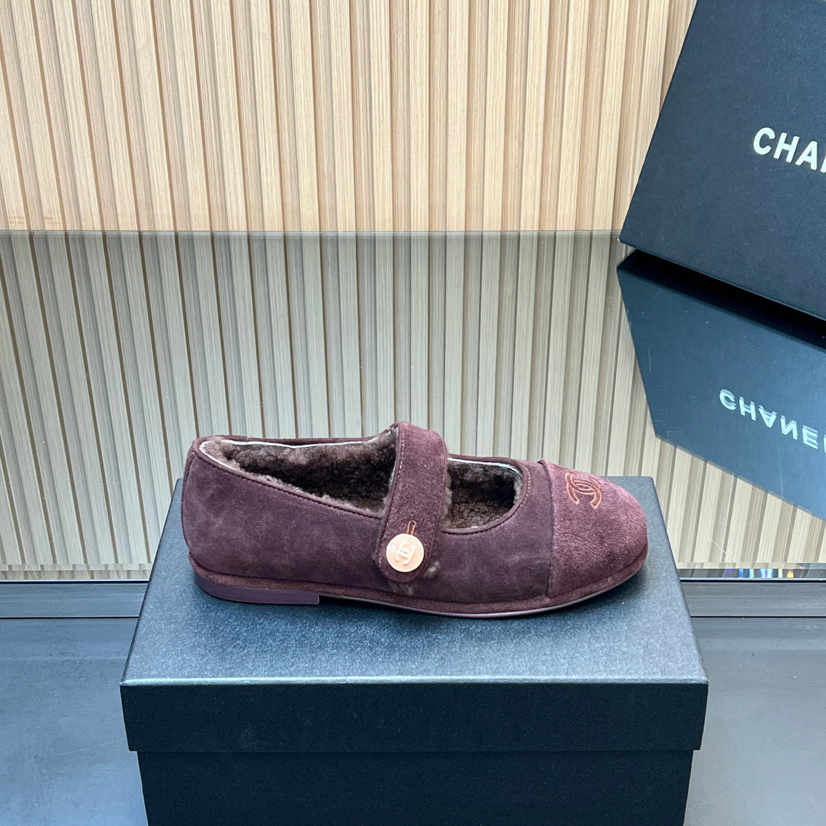 CHANEL 25S FURRY MARY JANE SHOES IN DARK PURPLE SUEDE