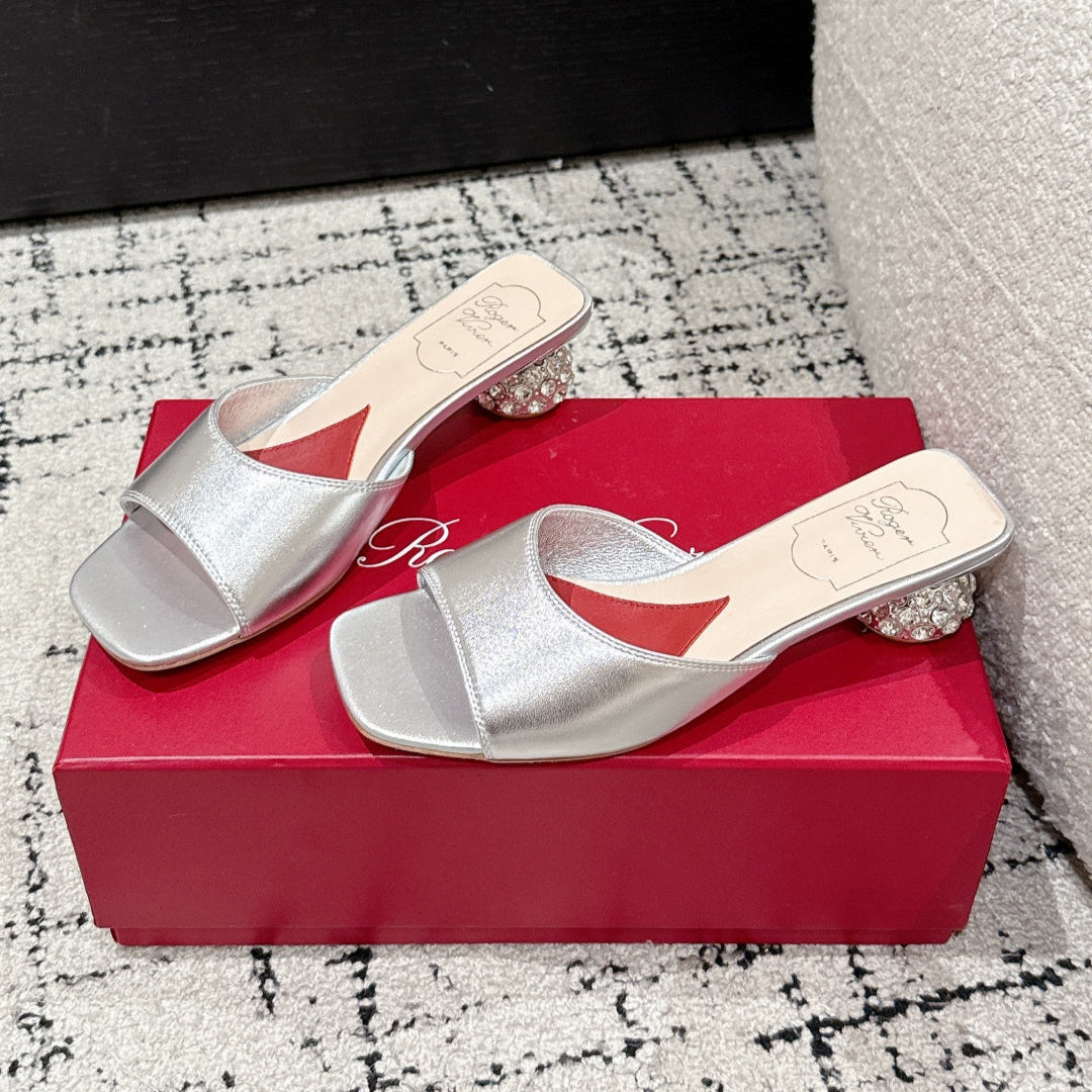 ROGER VIVIER 25S CRYSTAL HEEL MULE IN SILVER CALFSKIN