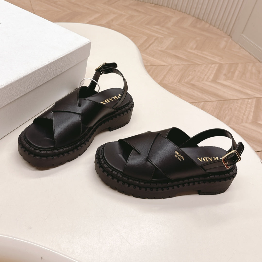 PRADA 25S CRISSCROSS SANDALS IN BLACK CALFSKIN