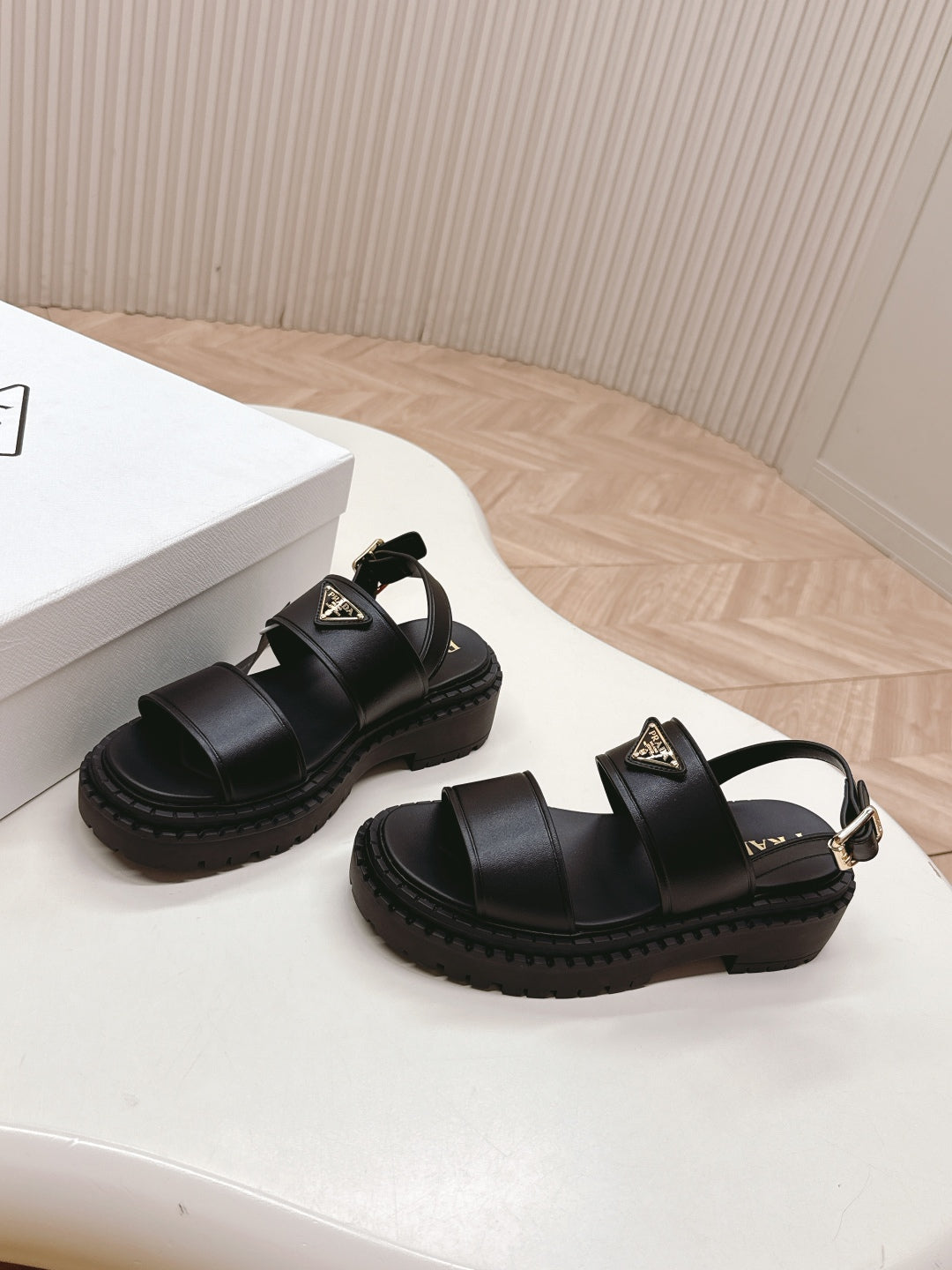 PRADA 25S SANDALS IN BLACK CALFSKIN LOGO