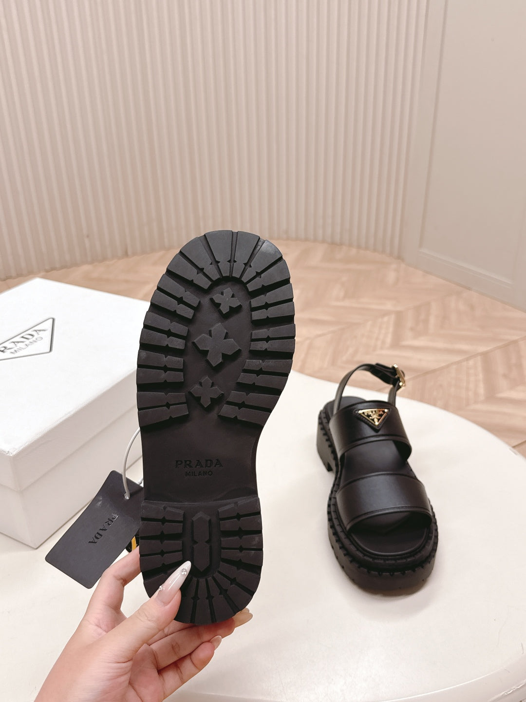 PRADA 25S SANDALS IN BLACK CALFSKIN LOGO