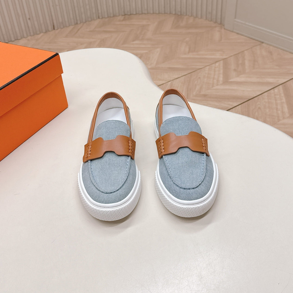 HM 25S SLIP-ON IN BLUE DENIM AND BROWN LAMBSKIN