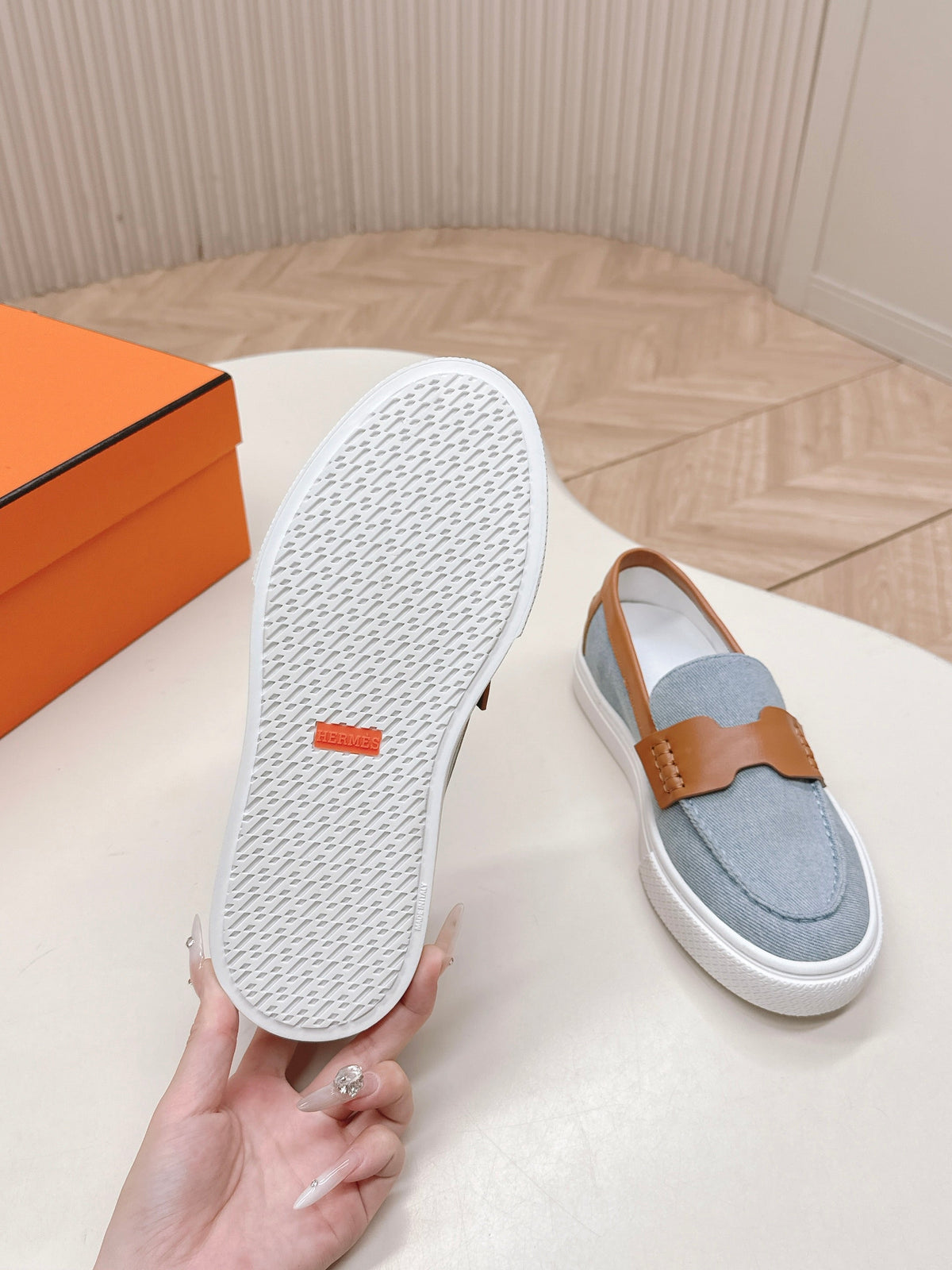 HM 25S SLIP-ON IN BLUE DENIM AND BROWN LAMBSKIN
