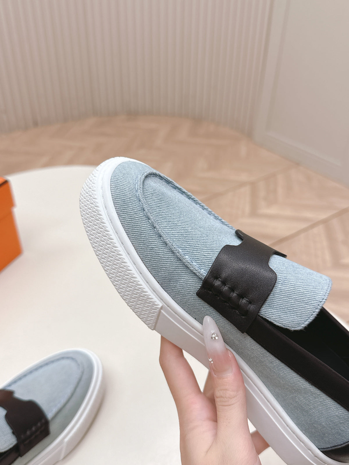 HM 25S SLIP-ON IN BLUE DENIM AND BLACK LAMBSKIN