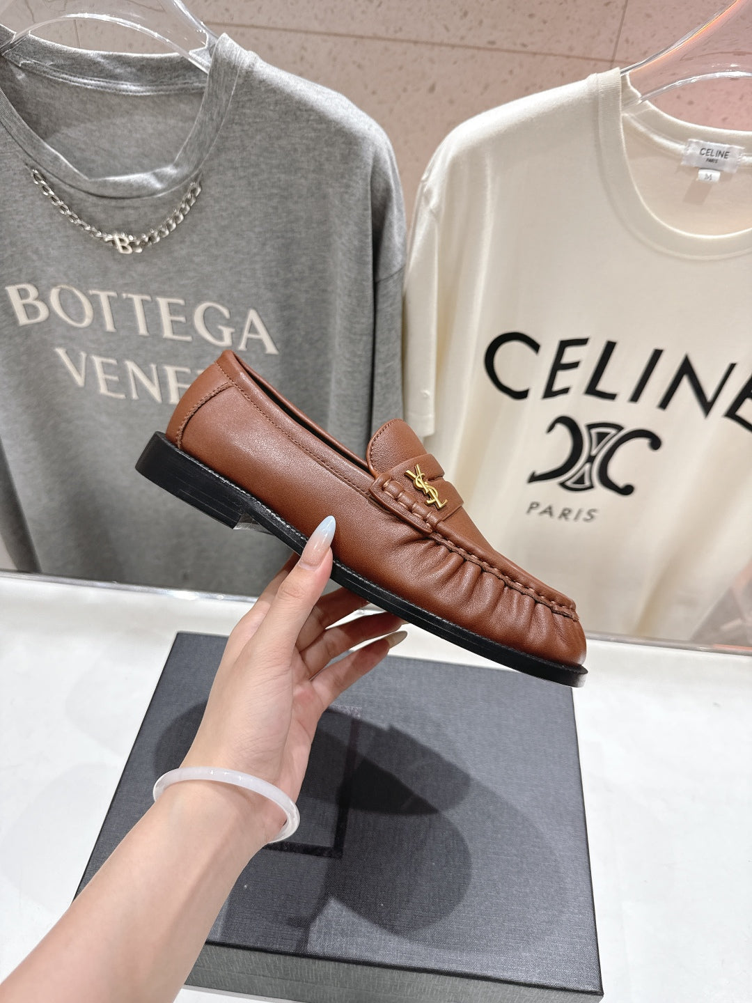 YSL 25S LOAFERS IN CHESTNUT BROWN LAMBSKIN WITH GOLD HARDWARE