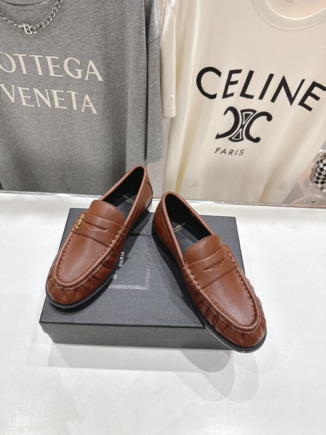YSL 25S LOAFERS IN CHESTNUT BROWN LAMBSKIN WITH GOLD HARDWARE