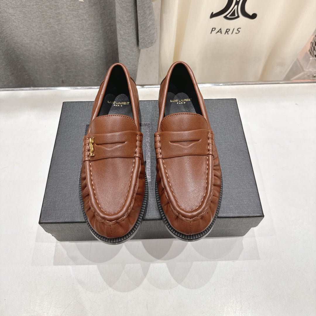 YSL 25S LOAFERS IN CHESTNUT BROWN LAMBSKIN WITH GOLD HARDWARE