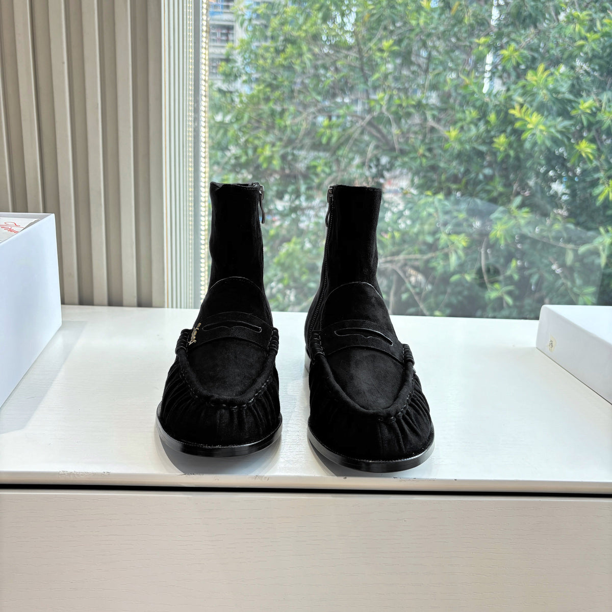 YSL 25S ANKLE FLAT BOOTS IN BLACK SUEDE WITH SIDE ZIPPER