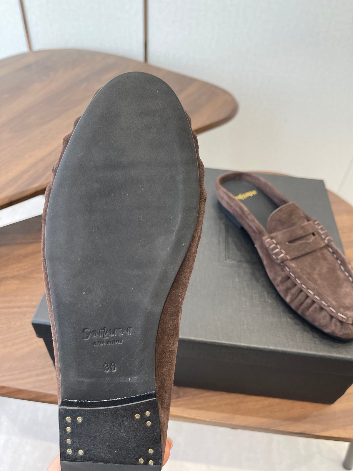 YSL 26S LOAFER MULES IN EARTH BROWN SUEDE