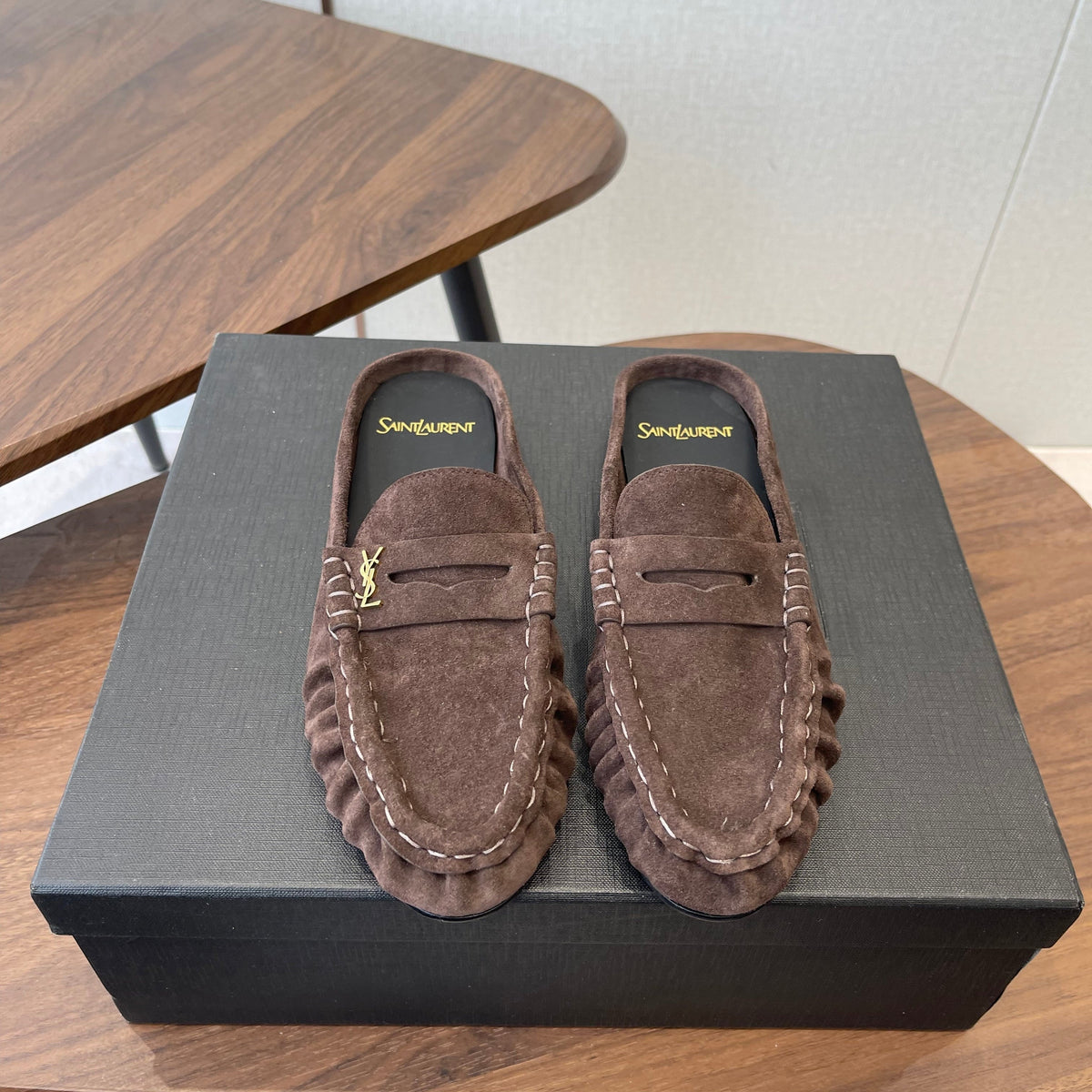 YSL 26S LOAFER MULES IN EARTH BROWN SUEDE
