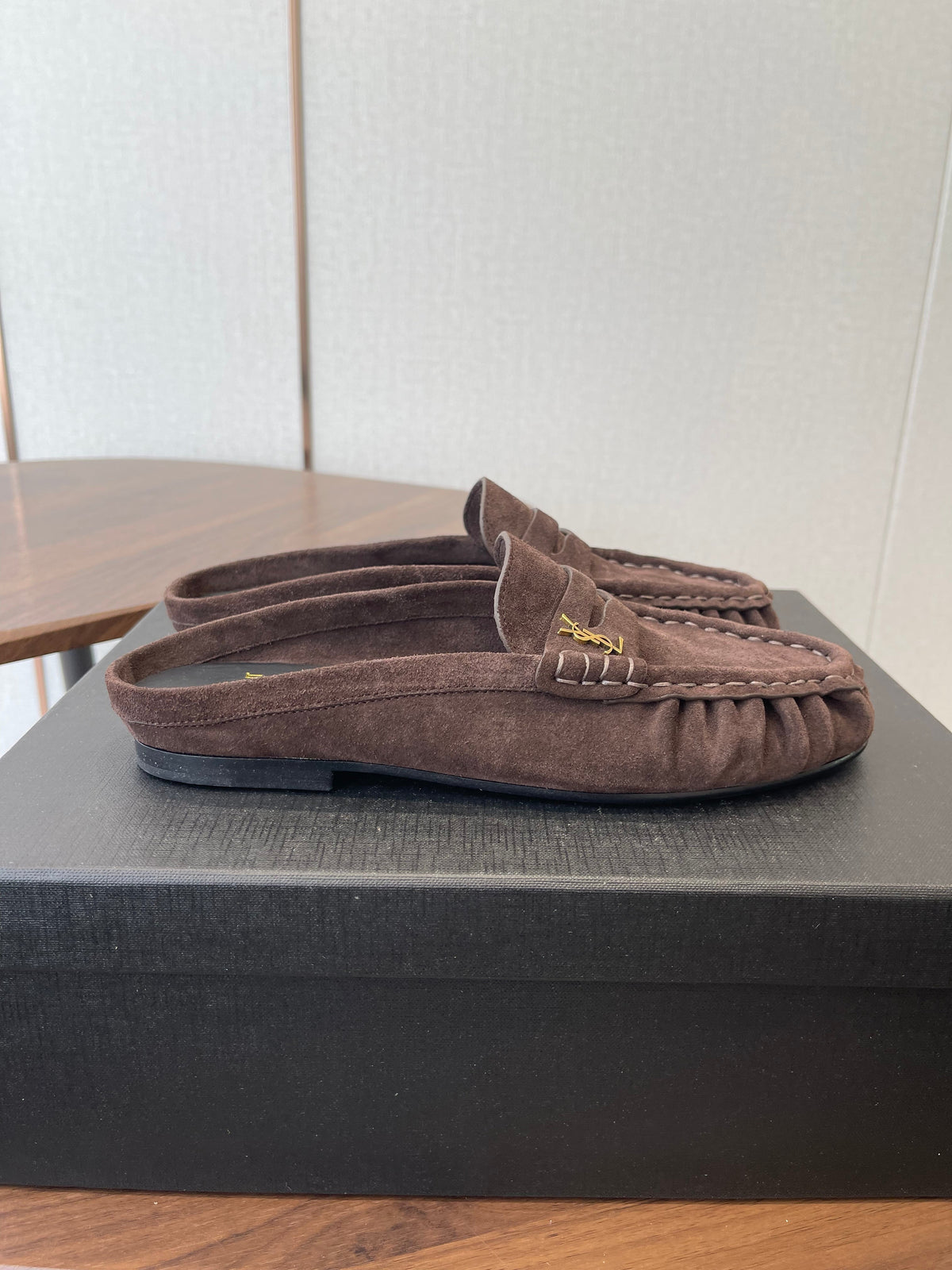 YSL 26S LOAFER MULES IN EARTH BROWN SUEDE