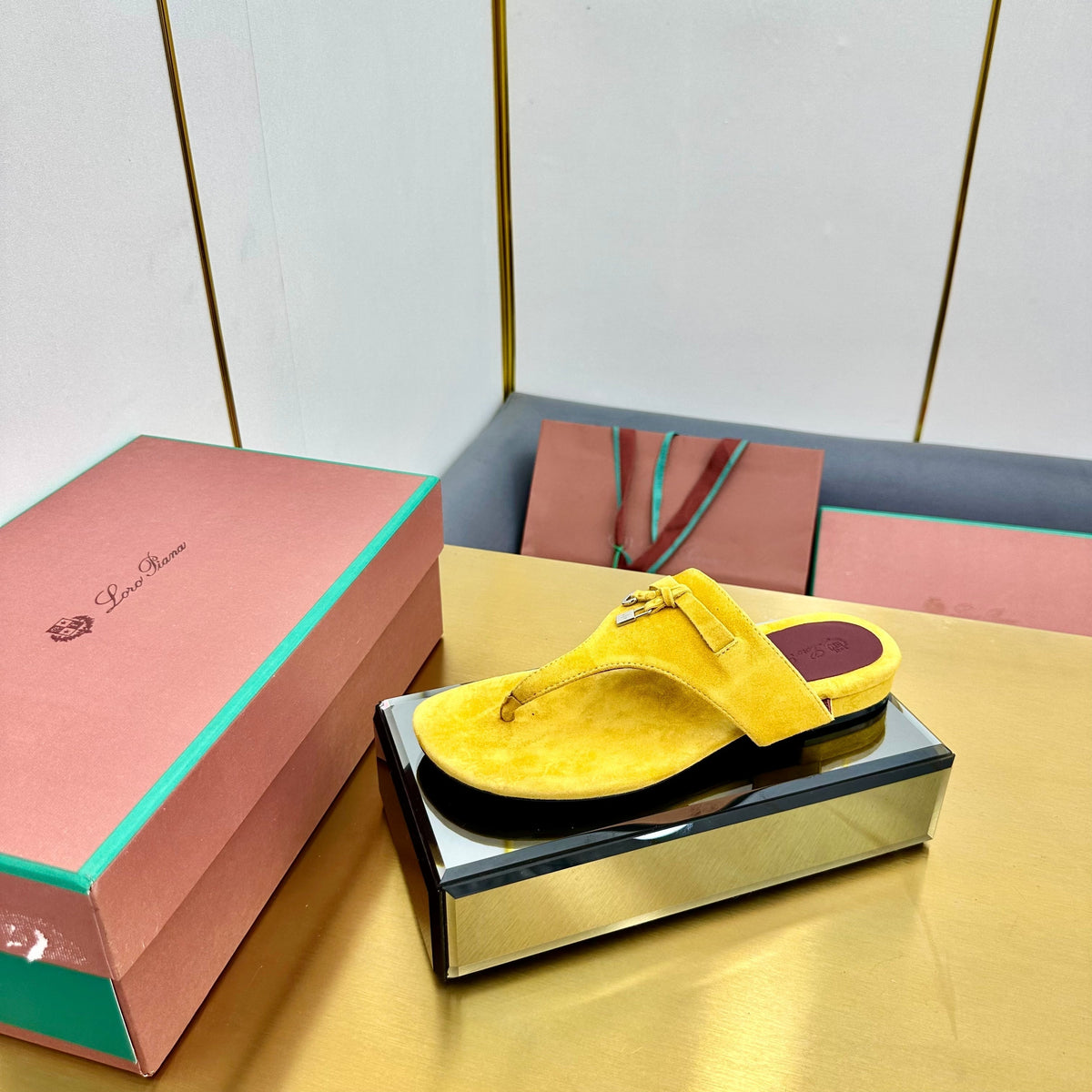 FLIP FLOPS IN YELLOW SUEDE AND HARDWARE SILVER