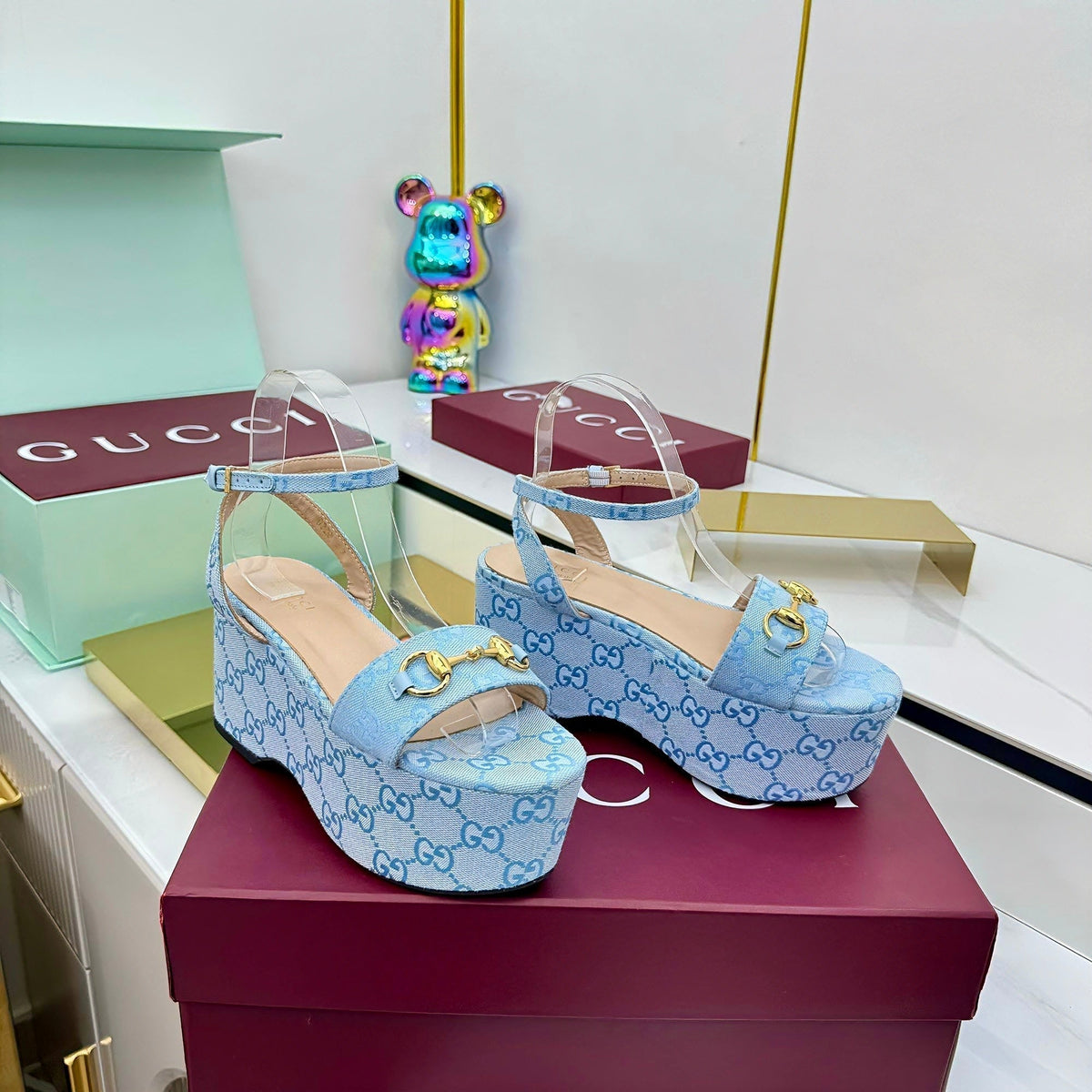 GG WEDGE HEELS IN BLUE FABRIC AND CALFSKIN WITH GOLD HARDWARE STYLE 4