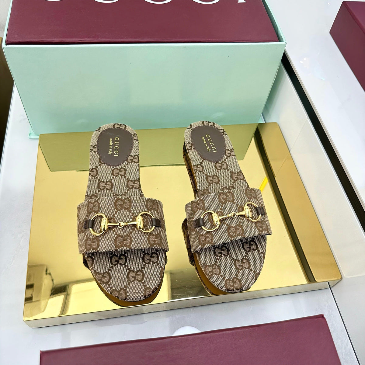 GG SLIDES IN DARK BEIGE WITH GOLD HARDWARE