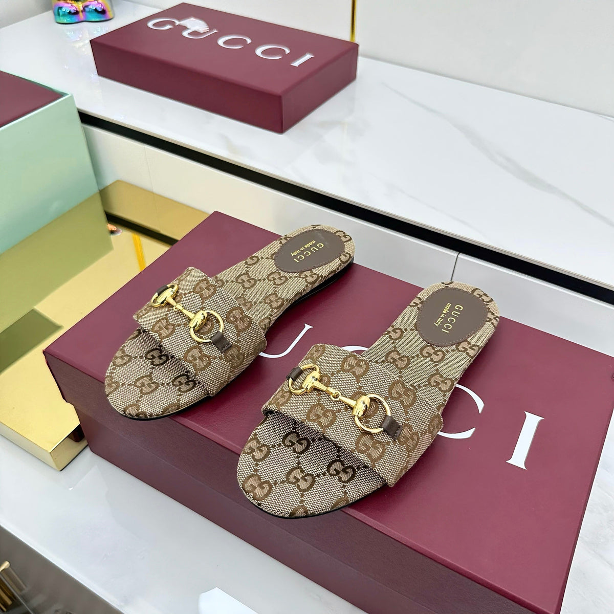 GG SLIDES IN DARK BEIGE WITH GOLD HARDWARE