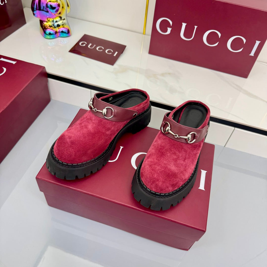 GG PLATFORM MULES 25S IN RED SUEDE