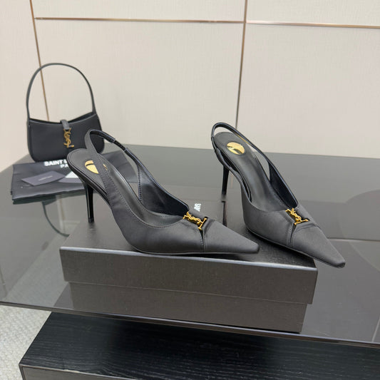 YSL 25S SLINGBACK HIGH HEELS 90 MM IN BLACK SATIN WITH GOLD HARDWARE STYLE 18