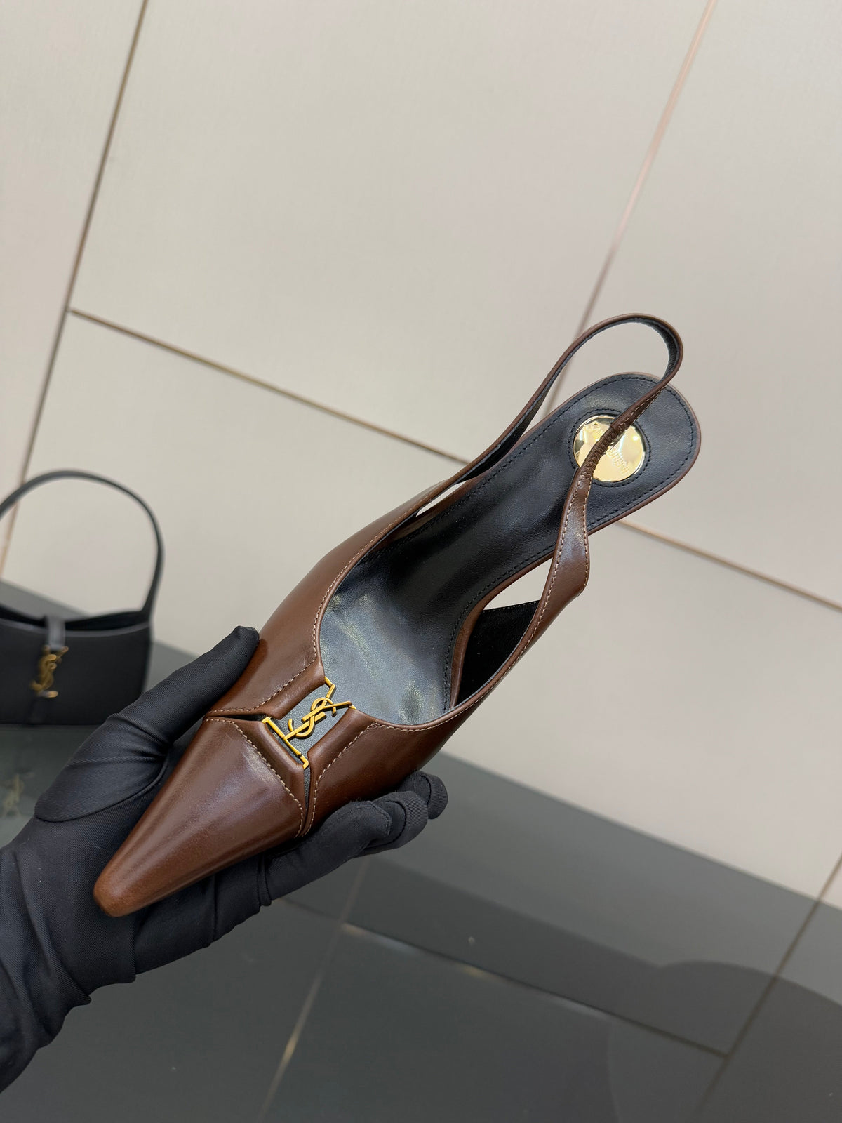 YSL 25S SLINGBACK HIGH HEELS 90 MM IN CHESTNUT BROWN LAMBSKIN WITH GOLD HARDWARE STYLE 12