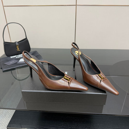 YSL 25S SLINGBACK HIGH HEELS 90 MM IN CHESTNUT BROWN LAMBSKIN WITH GOLD HARDWARE STYLE 12