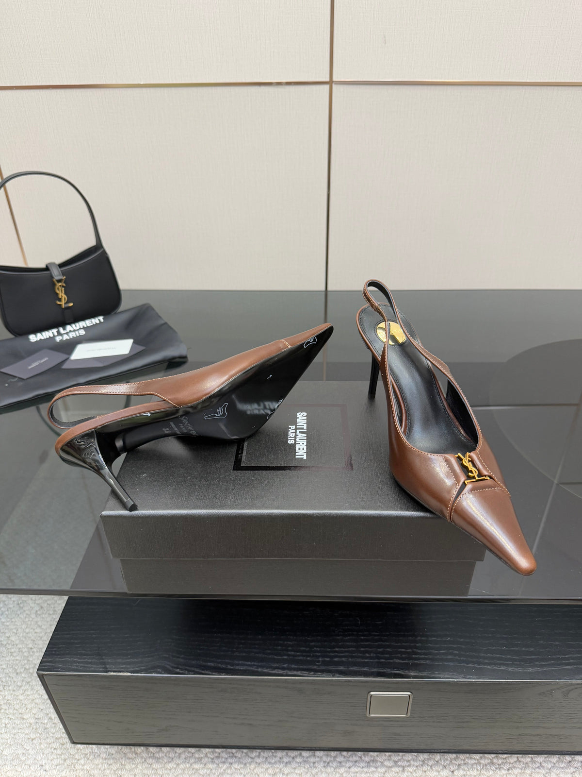YSL 25S SLINGBACK HIGH HEELS 90 MM IN CHESTNUT BROWN LAMBSKIN WITH GOLD HARDWARE STYLE 12