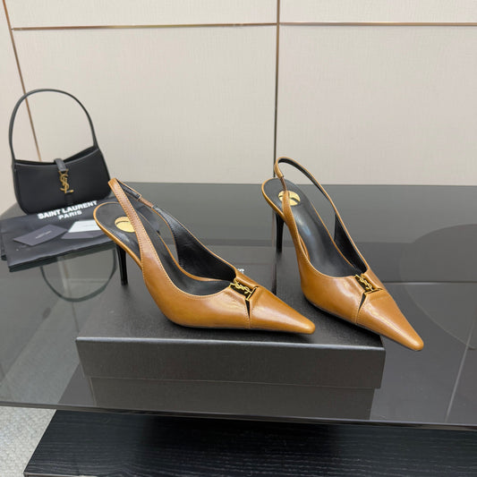 YSL 25S SLINGBACK HIGH HEELS 90 MM IN COPPER BROWN LAMBSKIN WITH GOLD HARDWARE STYLE 11
