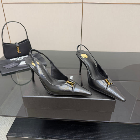 YSL 25S SLINGBACK HIGH HEELS 90 MM IN BLACK LAMBSKIN WITH GOLD HARDWARE STYLE 10