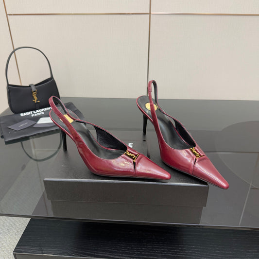 YSL 25S SLINGBACK HIGH HEELS 90 MM IN DARK RED LAMBSKIN WITH GOLD HARDWARE STYLE 9