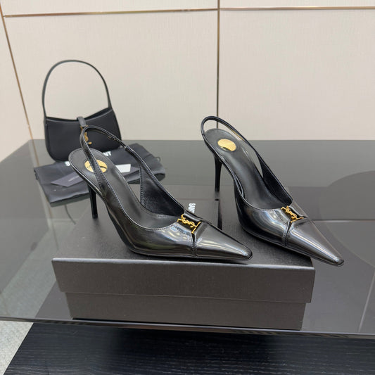 YSL 25S SLINGBACK HIGH HEELS 90 MM IN BLACK LAMBSKIN WITH GOLD HARDWARE STYLE 8