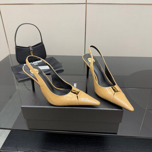 YSL 25S SLINGBACK HIGH HEELS 90 MM IN DARK BEIGE LAMBSKIN WITH GOLD HARDWARE STYLE 5
