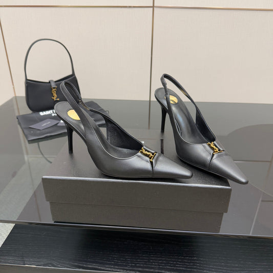 YSL 25S SLINGBACK HIGH HEELS 90 MM IN BLACK SMOOTH LAMBSKIN WITH GOLD HARDWARE STYLE 3