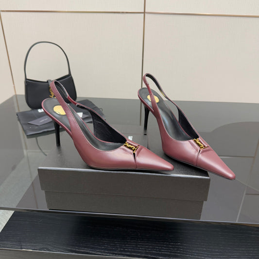 YSL 25S SLINGBACK HIGH HEELS 90 MM IN DARK RED LAMBSKIN WITH GOLD HARDWARE STYLE 2