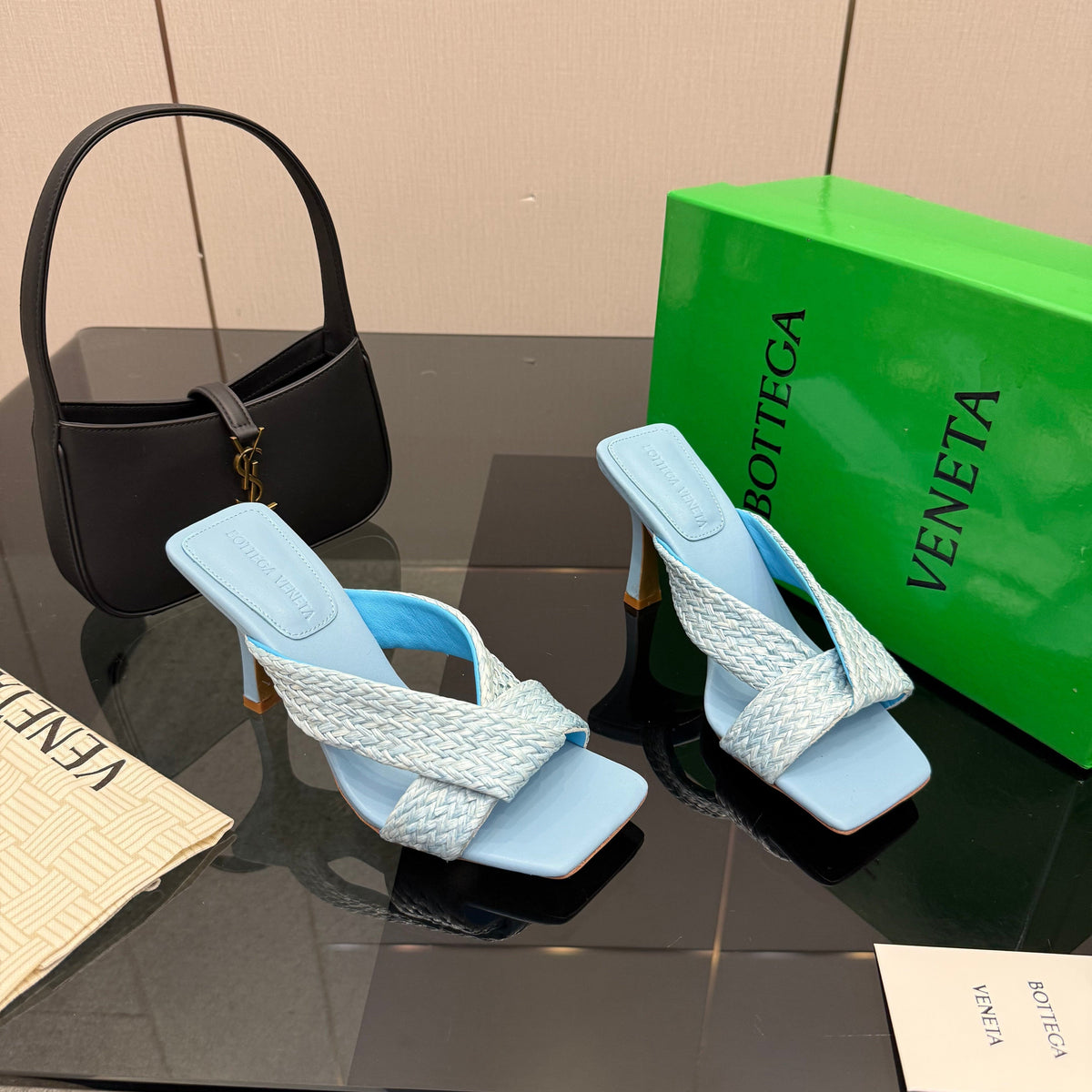 BOTTEGA VENETA 26S HEELED SANDALS 95 MM IN LIGHT BLUE CALFSKIN AND RAFFIA