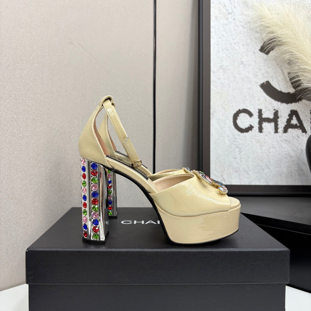 CC HIGH SANDAL 25S 110 MM IN LIGHT BEIGE CALFSKIN WITH MULTICOLOR STONES