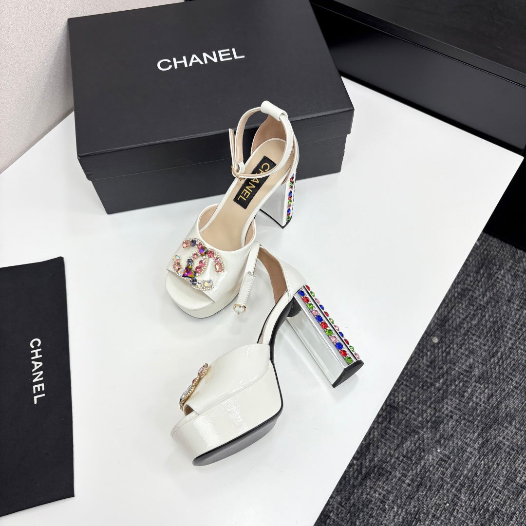 CC HIGH SANDAL 25S 110 MM IN CREAM WHITE CALFSKIN WITH MULTICOLOR STONES