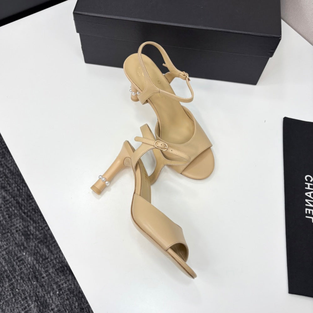 CC HIGH SANDAL 25S 80 MM IN BEIGE CALFSKIN WITH PEARL DETAILS