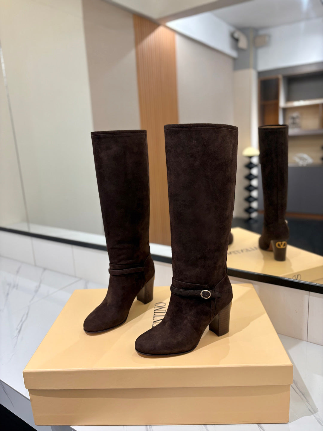 VALENTINO 25S GARAVANI PATTIE KNEE-HIGH BOOTS 80 MM IN DARK BROWN SUEDE