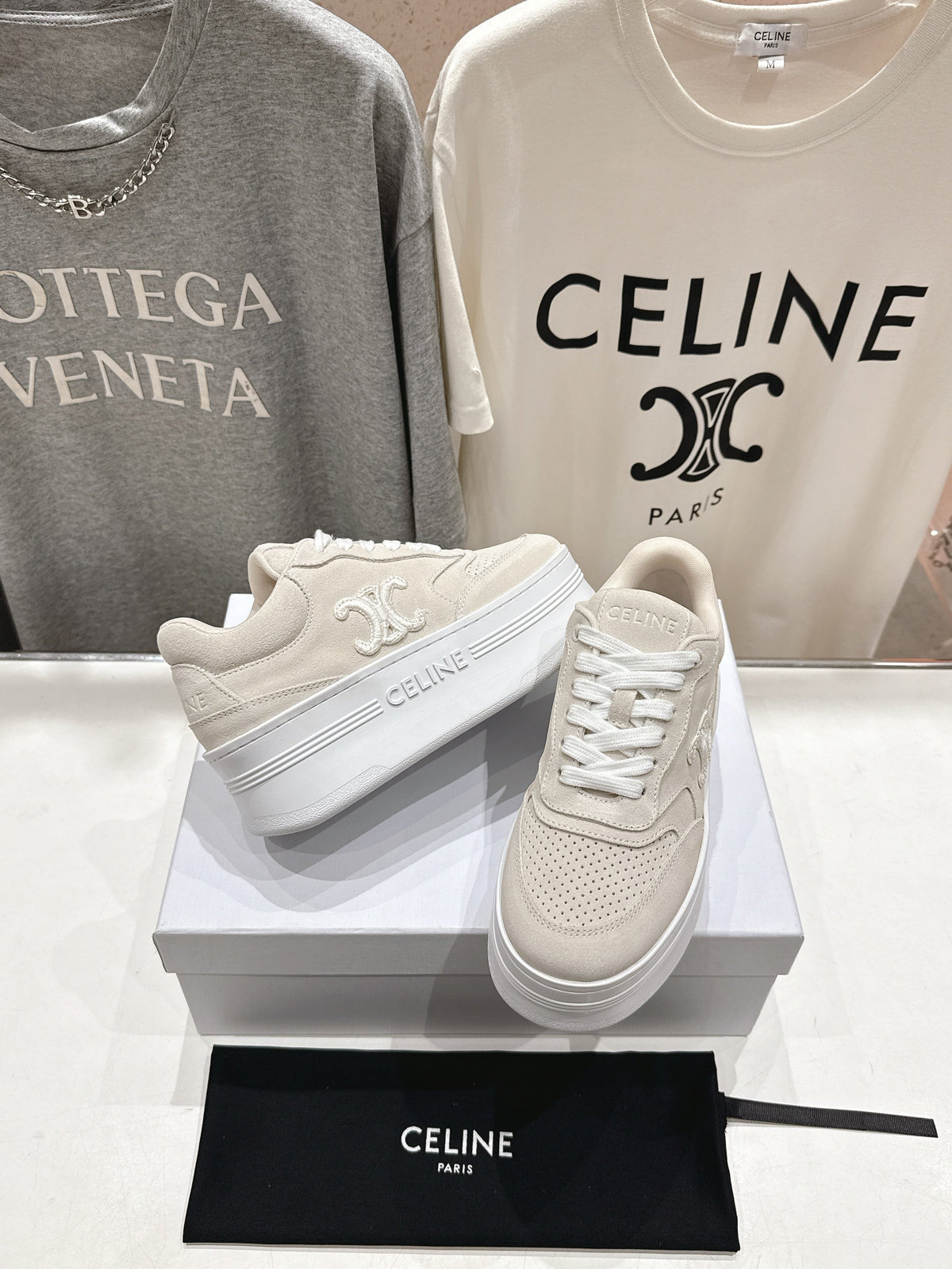 BLOCK SNEAKERS WITH EMBROIDERED TRIOMPHE IN PARCHMENT BEIGE SUEDE