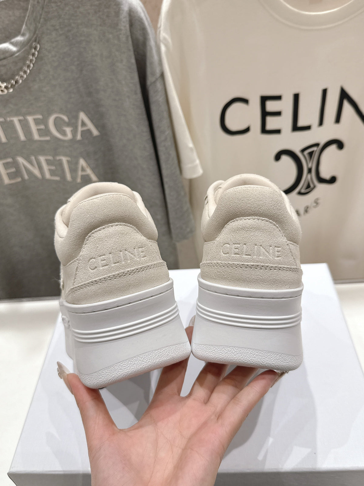 BLOCK SNEAKERS WITH EMBROIDERED TRIOMPHE IN PARCHMENT BEIGE SUEDE