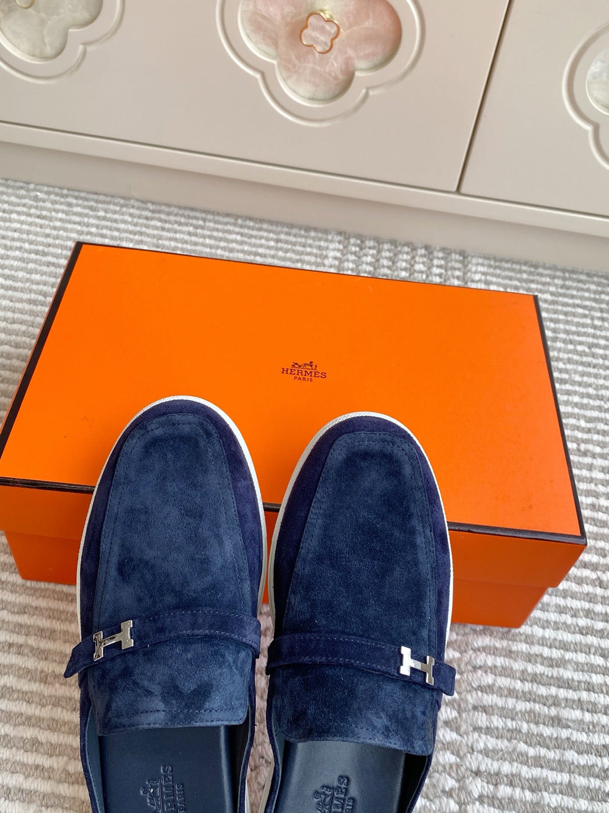 HM 25S MULES IN NAVY BLUE SUEDE WITH SILVER HARDWARE