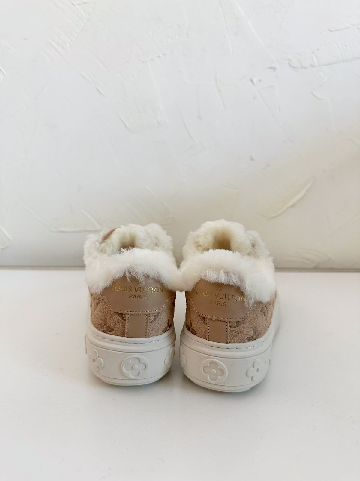 TIME OUT SNEAKER IN DESERT BROWN MONOGRAM EMBOSSED SUEDE WITH FLEECE LINING