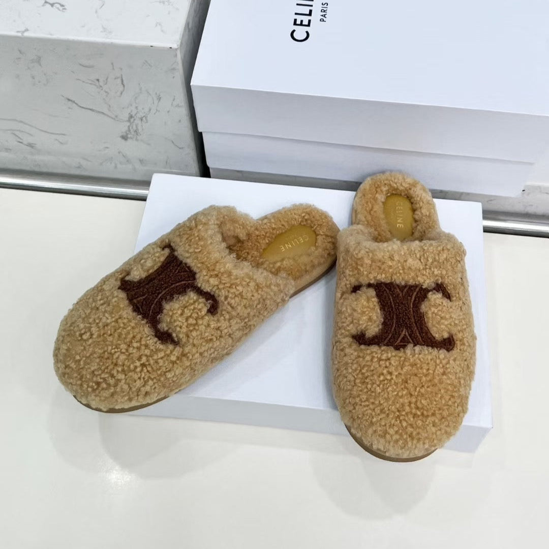 CELINE 25S GEORGIA SLIDE IN SHEARLING IN BROWN