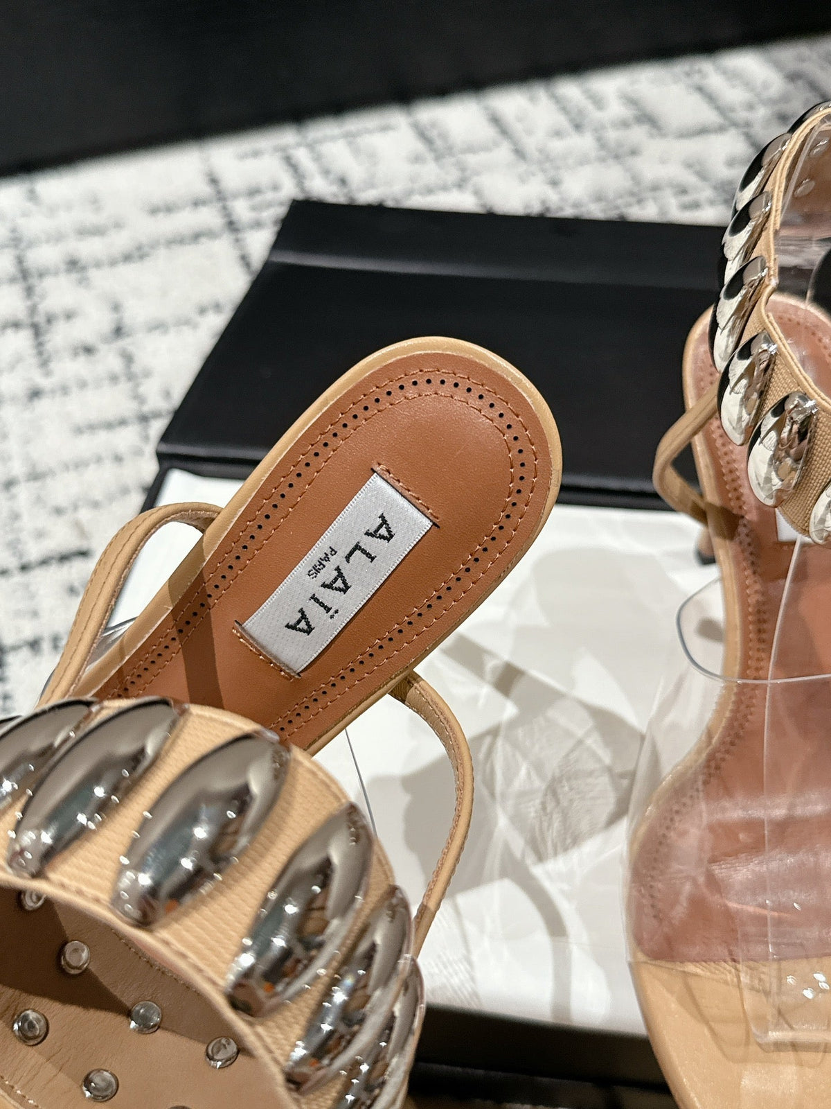 ALAIA HIGH SANDAL IN BEIGE CALFSKN AND FILM WITH CRYSTAL