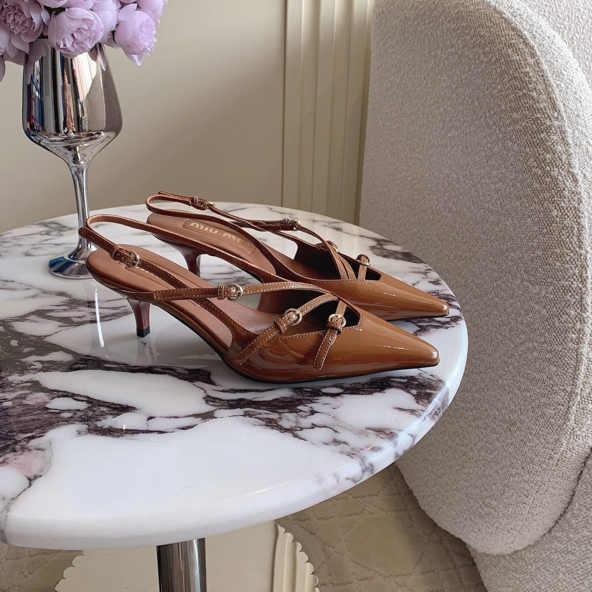 Slingback Ash Brown Leather With Stylized Cross Straps - Mid Heels