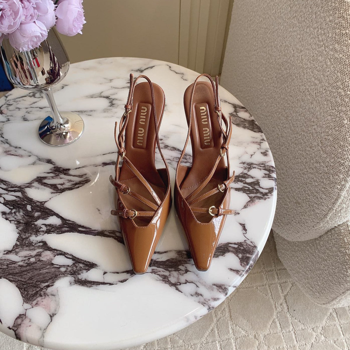 Slingback Ash Brown Leather With Stylized Cross Straps - High heels