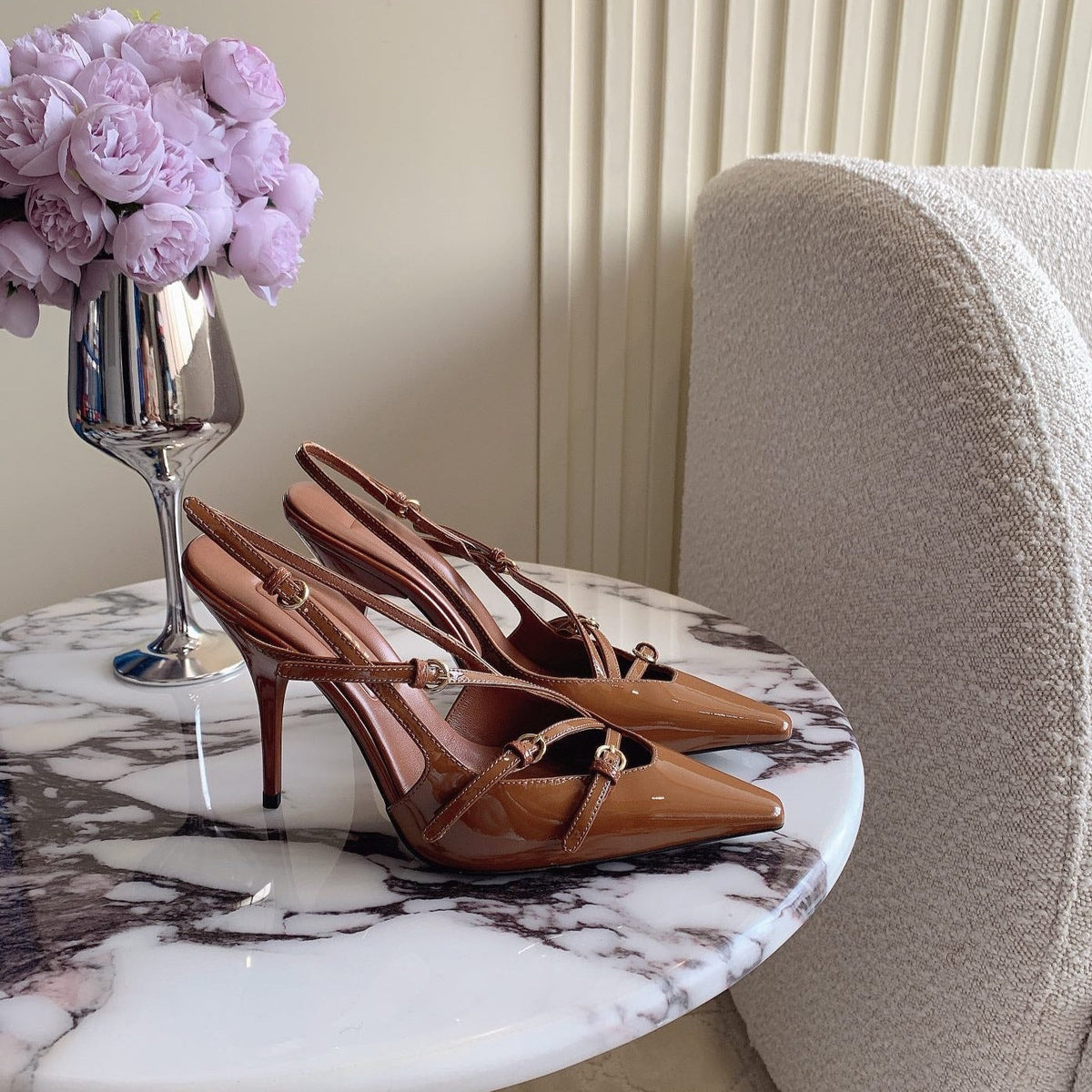 Slingback Ash Brown Leather With Stylized Cross Straps - High heels