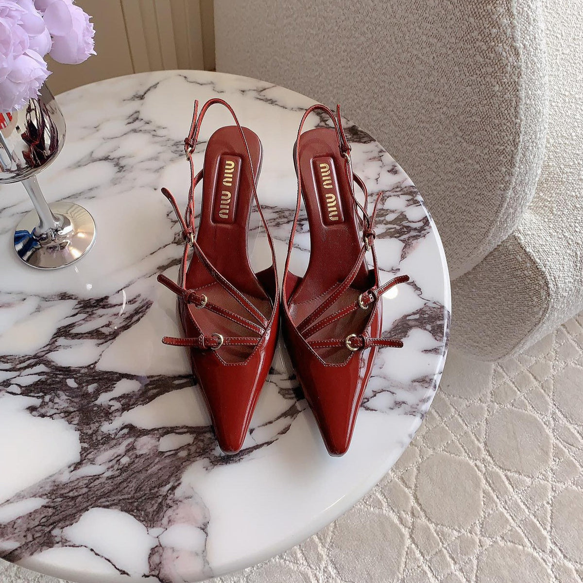 Slingback Ruby Leather With Stylized Cross Straps - Mid Heels
