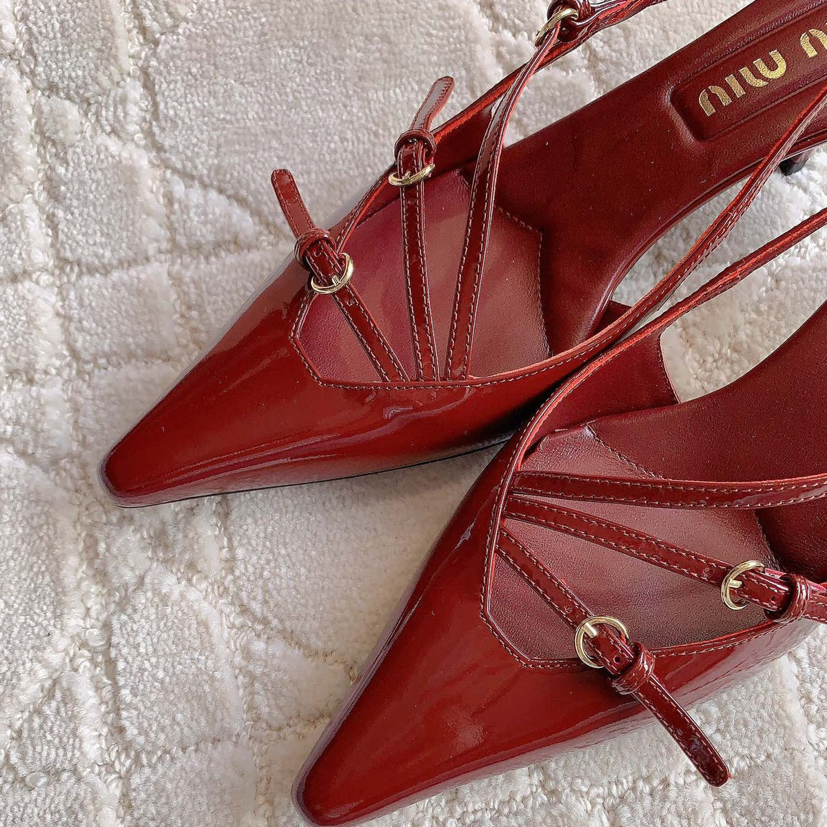 Slingback Ruby Leather With Stylized Cross Straps - Mid Heels